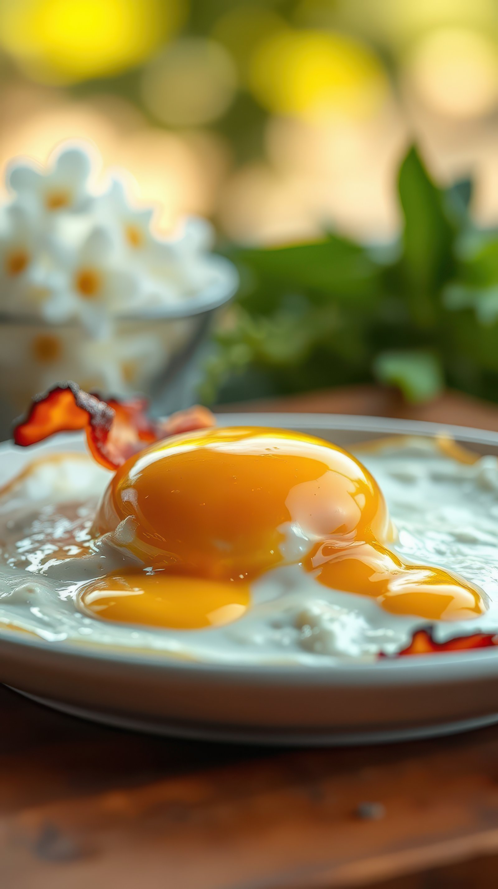 Delicious breakfast with a perfectly cooked egg and crispy bacon on a rustic wooden table